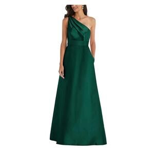 Alfred Sung D815 Green One Shoulder Gown - Size 10 with pockets